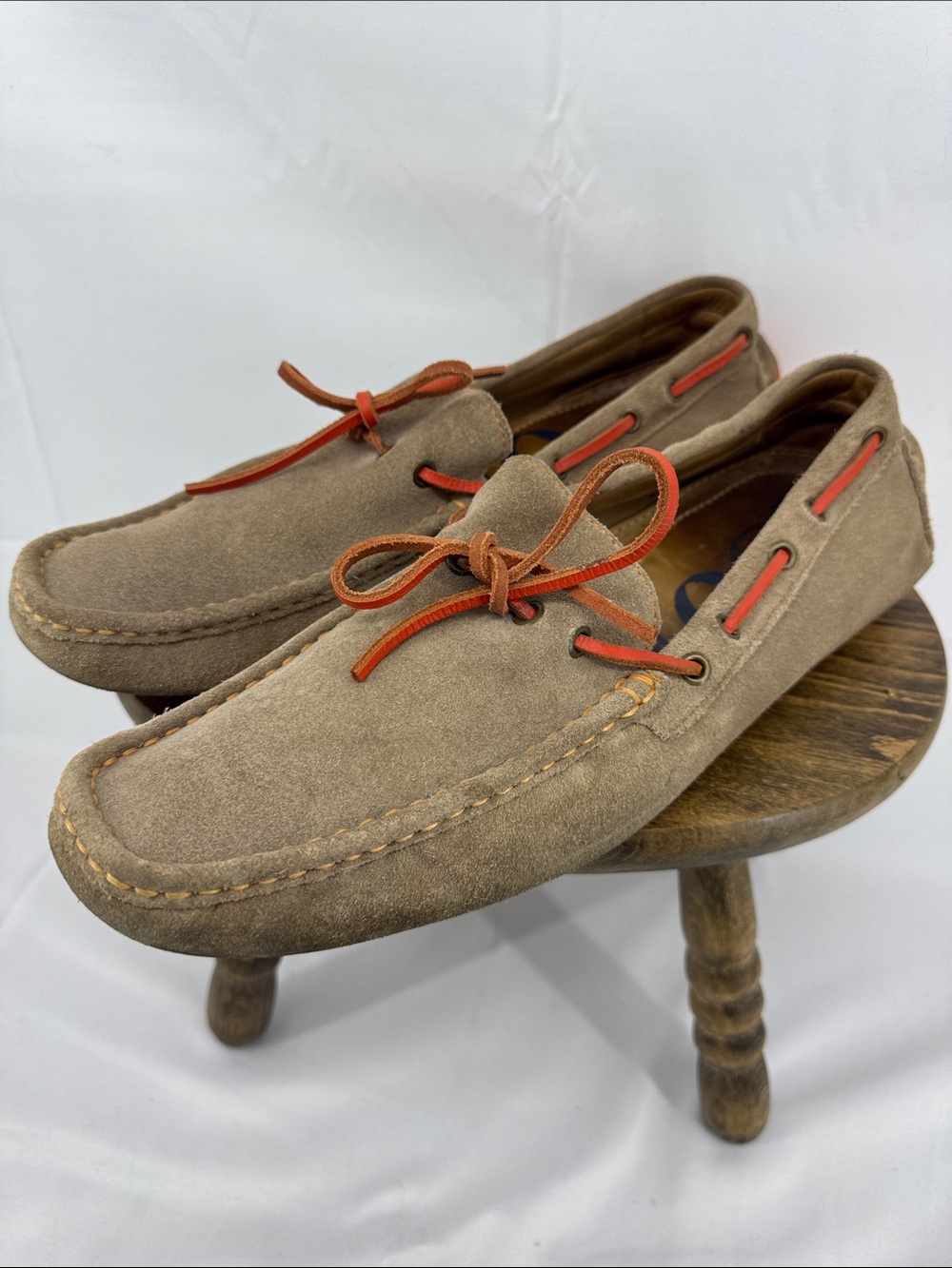 1901 Mens Leather Driving Mocs Loafers, Tan Nubuck w/ Orange Cord, sz 10.5